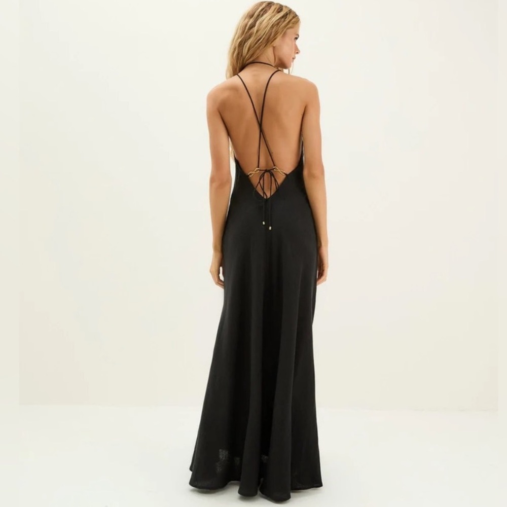Vix Paula Hermanny Marbella long plunge deep v neck linen maxi dress - black